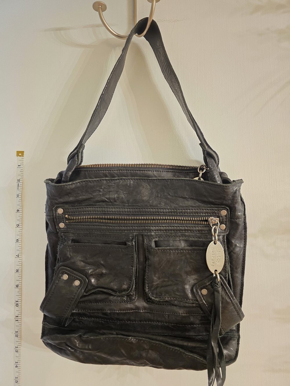 Juicy Couture Leather Shoulder Bag in Black (100% Lambskin) 12x12x3"